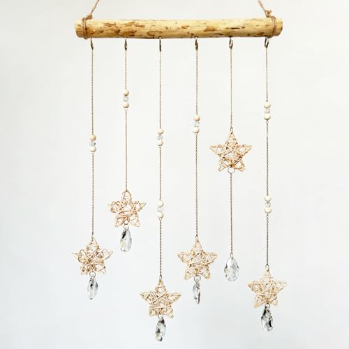 Sun Catcher Indoor Window Rattan Stars and Crystal Suncatcher for Windows Hanging Boho Home Wall Whimsical Decor