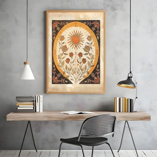 Framed Orange Sun and Roses Sun Wall Art Poster Mystical Minimalist Folk Canvas Painting Moody Flowery Spiritual Print Botanical Boho Norse Mythology Earth Tones Bedroom Home Decor 8x12inch 8"L x 12"W Folk print