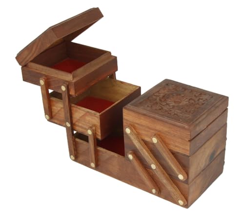 Sheesham Wood Jewelry Box Organizer, Handmade Wooden Jewelry Storage Chest with Multiple Drawers, Jewelry Holder for Rings, Earrings, Bracelets and Accessories Sliding – Hand Carved