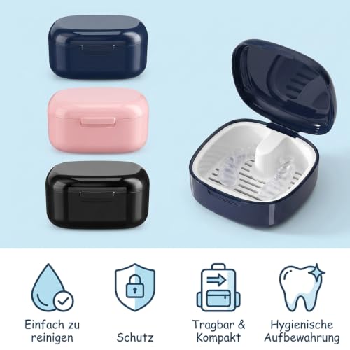 Set of 3 Denture Boxes, Practical and Colorful, Ideal for Storing Dentures or Carrying, Black, Blue, Pink