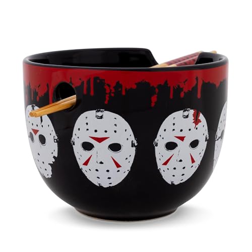 Friday The 13th Jason Voorhees Mask Ceramic Ramen Dinnerware Set | Includes 20-Ounce Noodle Bowl and Wooden Chopsticks