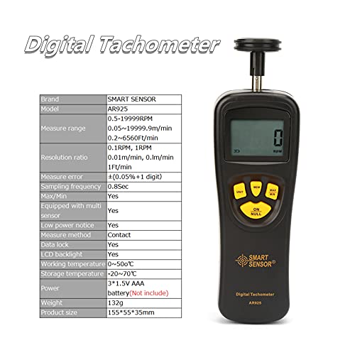[Australia - AusPower] - Digital Tachometer, LCD Handheld Contact RPM Meter 0.5-19999 RPM, High Precision Test Counter with Max/Min/LAST Data Backlight Holding Functions 