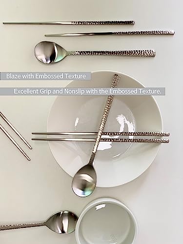 Korean Made Silver Glossy Hammered Stainless Steel Korean Spoon & Chopstick SET Gift for Mom Stocking Stuffer(4SET) 4SET