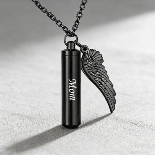 Black Bullet Urn Necklaces for Ashes Angel Wing Charm Cremation Jewelry Stainless Steel Keepsake Memorial Pendant Grandpa