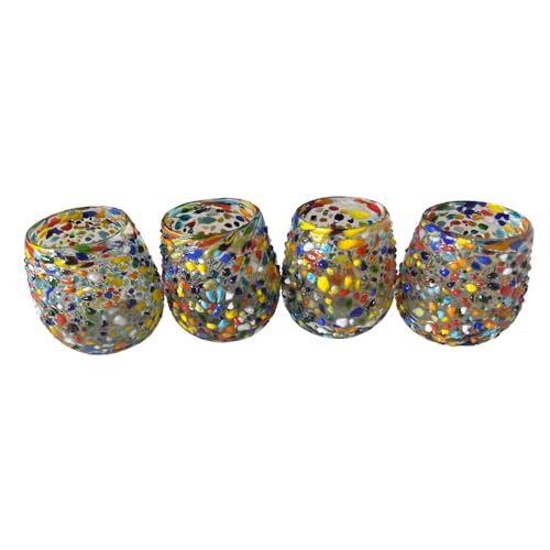 Artisanal Mexican Confetti Glass, Handblown 16 oz Tumbler Glasses – 4"x4" Multicolor Granizado Design – Versatile Drinkware for Wine, Cocktails, Water, and More (2, Textured) 2