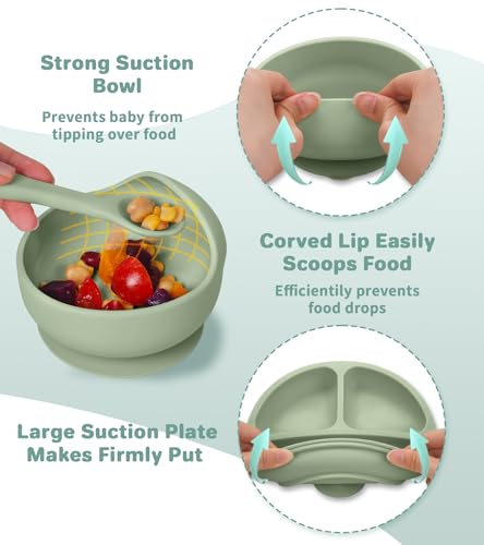 Silicone Baby Feeding Set, BPA Free Baby Dishes Set with Suction Bowl Divided Plate, Adjustable Bib, Soft Spoons and Forks, Cup, Travel Bag, BPA-free, Microwave and Dishwasher Safe, 6 month+ (Green) Dark Green