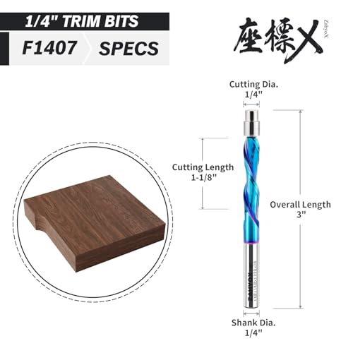Zahyox Downcut Flush Trim Router Bit 3-pack with double bearing, NACO-coated spiral cutter and 1/4-inch shank