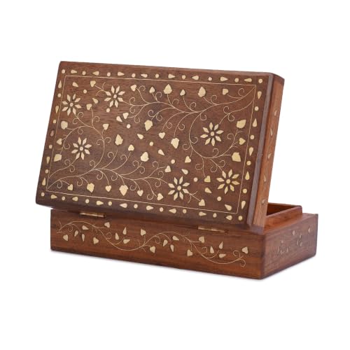 Ajuny Hand Carved Wooden Decorative Jewelry Storage Box with Floral Carvings Design Brass Inlay Keepsake Travel Treasure Chest Trinket Holder Organiser Great Gifts 8 x 5 Zoll