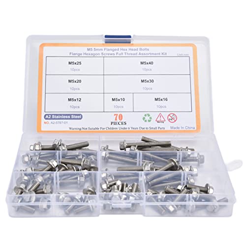 Pissente M5 stainless steel flanged hex head bolts and socket head screws assortment kit, 70 pieces