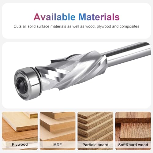 SpeTool UP&Down Compression Spiral Flush Trim Router Bit 1/4 Inch Shank 1/2 Inch Cutting Diameter Extra Long with Bottom Bearing, Solid Carbide Pattern Flush Trim Router Bit for Cutting Uncoated 1/2" Dia-1-1/4" CL-1/4" Shank
