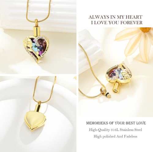 Heart Urn Necklace for Ashes Flower Crystals Cremation Jewelry for Women Purple-Gold