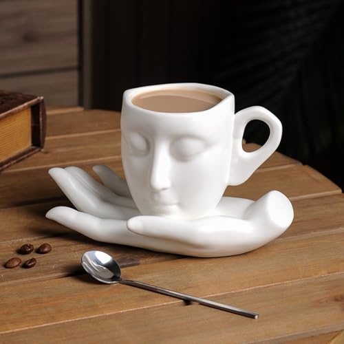 Sculpture Coffee Mug with Saucer Unique Artistic Ceramic Cup Set for Coffee Tea Lovers Gift 8.8oz White Black Silver (white)