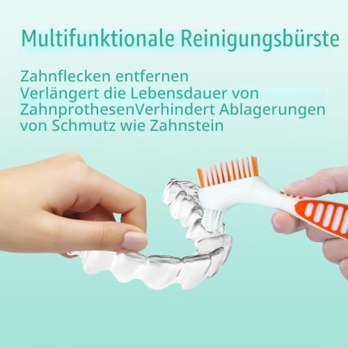 2 Pack Denture Toothbrush, Mini Toothbrush, Double Angle Brush Head, Portable Ergonomic Denture Cleaning Brush, Dental Device (Green + Orange) Green + Orange