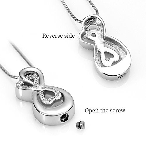 Infinity Love Urn Pendant Stainless Steel Snake Chain Cremation Jewelry for Ashes for Woman Free Filling Tools Include Steel-White