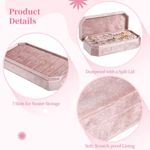 OMISTAR Velvet Ring Box Organizer, 7 Slots Ring Jewelry Display Case, Pink Velvet Ring Holder with Lid, 8.2 x 4.1 in Jewelry Storage Tray for Ear Studs and Rings