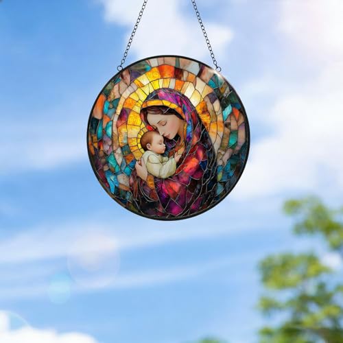 Madonna Child Stained Glass Hanging, Christian Suncatcher Decor Virgin Mary and Baby Jesus