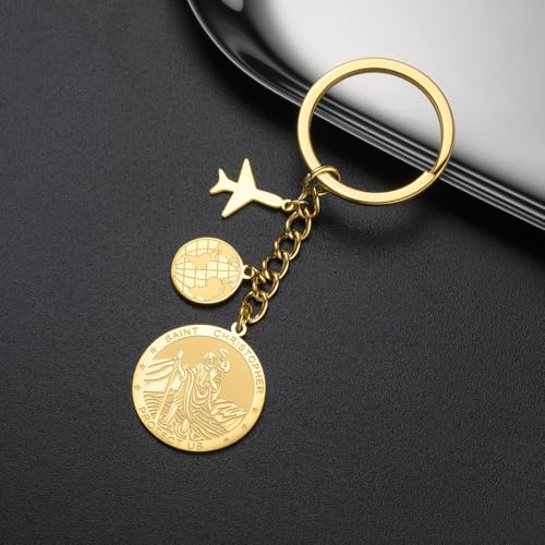 Dreamtimes St. Christopher Keychain for Men Women Airplane Key Ring Map Stainless Steel Keychains Good Luck for Travel Lovers Gold