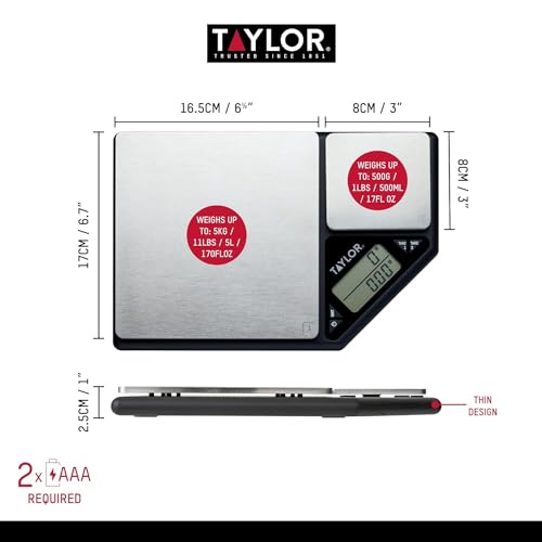 Taylor Pro Dual Platform Digital Kitchen Scales, 5kg and 500g,Black/Silver 5 kg Single