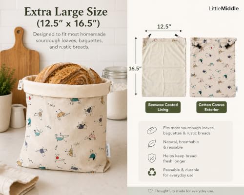 2 XL Beeswax Bread Bags for Homemade Bread, Reusable Cotton and Beeswax Storage for Sourdough or Artisan Loaves, Keeps Bread Fresh Longer, Freezer Safe, 12.5" x 16.5" Cream with Dog Print