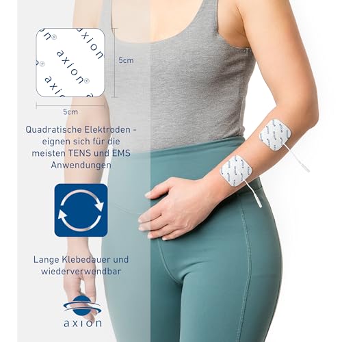 16 Electrodes with 2mm jack - Square self adhesive Pads - 5x5cm - Fits all TENS EMS units with 2mm connection - axion brand quality | 2 mm plug-in connection. Reusable self-adhesive electrodes for TENS device and EMS trainer, super adhesion + conductiv...