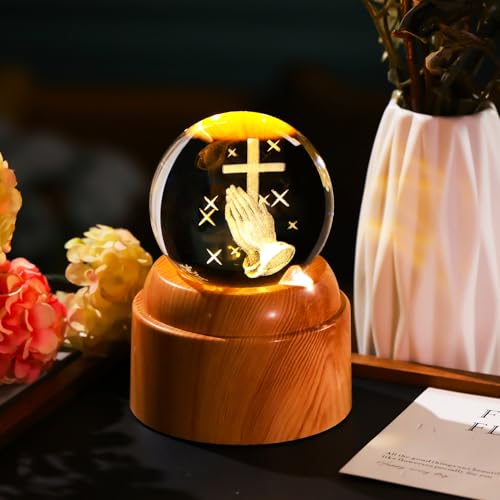 Arikyrist Crystal 3D Praying Hand Rotatable Ball Religious Gifts for Women Cross