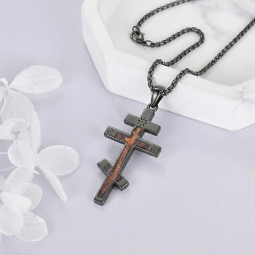 URONE Orthodox Cross Necklace for Men Sterling Silver Black Cross Wooden Pendant Necklace Christian Religious Jewellery Gifts