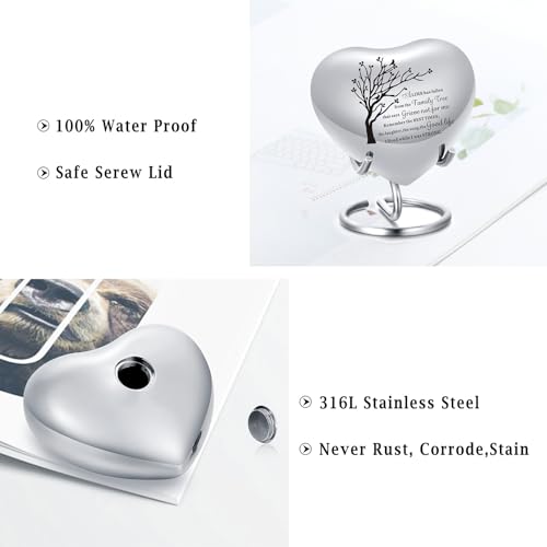 Heart Urn for Ashes - Small Heart Shaped Keepsake Urn for Human (Male/Female) or Pet Remains, Holds Small Portion of Ashes with Stand Silver-tree of Life