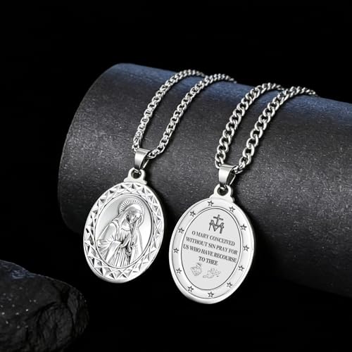Virgin Mary Necklace, Catholic Religious Medal Pendant Bless Safety Gift for Men & Women Family Friends Sliver