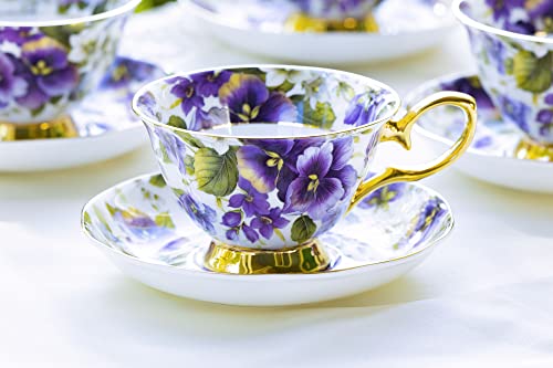 Grace Teaware Purple Pansy Gold Bone China Tea Cup and Saucer with Gold Trim