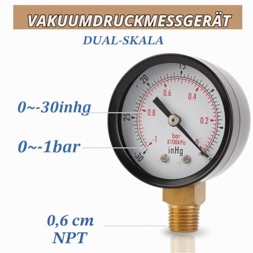 Vacuum Pressure Gauge, Vacuum Gauge 2 Inch for Air Compressor Water Oil Gas 1/4 Inch NPT Lower Bracket MF.0 ~ -30inHg 0 ~ -1bar Universal Vacuum Pressure Gauge with 50 Diameters 1/4 NPT