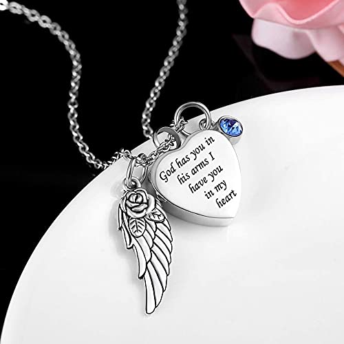 God has You in his arms with Angel Wing Charm Cremation Ashes Jewelry Keepsake Memorial Urn Necklace with Birthstone Crystal October