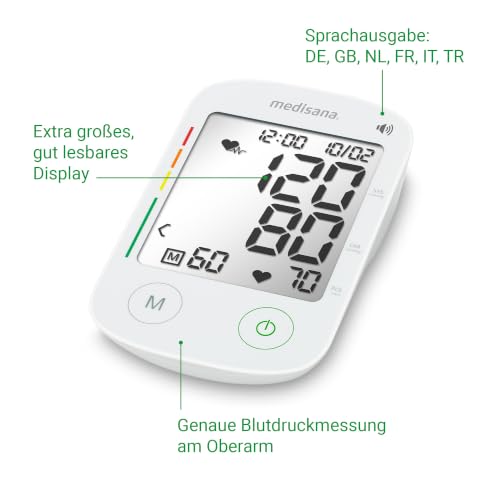 medisana BU 535 Voice Upper Arm Blood Pressure Monitor with Voice Output | Blood pressure and pulse monitor with memory function, traffic light scale, blood pressure cuff with irregular heartbeat indicator
