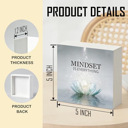 Mindset Is Everything Inspirational Wooden Box Sign 5x5 Inch, Lotus Flower Spiritual Meditation Decorative Wood Signs for Zen Room Yoga Studio Home Office Desk Tabletop Shelf Decorations Wooden Box Sign C