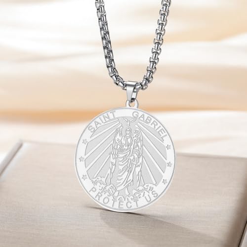 TEAMER Saint Gabriel Necklace Guardian Blessing Hope and Protection St. Gabriel Archangel Necklace Religious Jewelry For Men Silver
