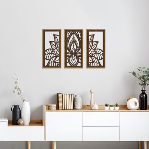 HPNIUB 3PCS Lotus Flower Wall Decor, Mandala Carved Wood Sign for Yoga Room, Spiritual Meditation Wooden Hanging Plaque Home Decor for Living Room Office Bathroom Decoration(8x16Inch) Mandala Flower Wooden Wall Art
