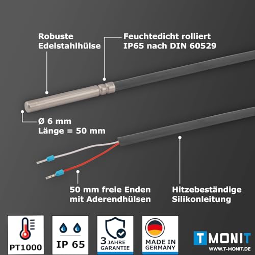 PT1000 Temperature Sensor with 5 Meter Silicone Cable, up to 200 °C, Temperature Sensor, Cable Sensor, Solar Sensor, Made in Germany 5m silicone cable 1