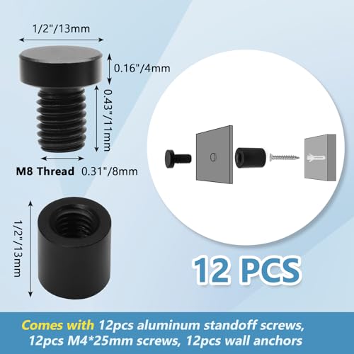 Luomorgo black aluminum standoff screws, 1/2 x 1/2 inch, 12-piece set