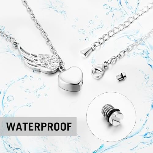 XIUDA Heart Urn Necklace for Ashes with Angel Wing Crystal Cremation Jewelry for Ashes Stainless Steel Memorial Ash Necklace for Women Ash Holder Silver