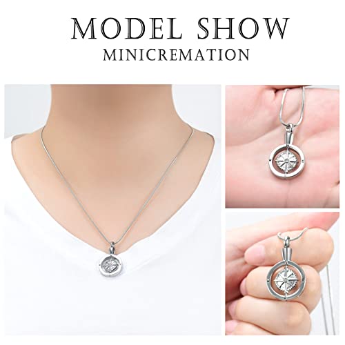 Minicremation Compass Cremation Jewelry for Ashes Funeral Ashes Pendant Locket Keepsake Urn Necklace for Women Men Silver