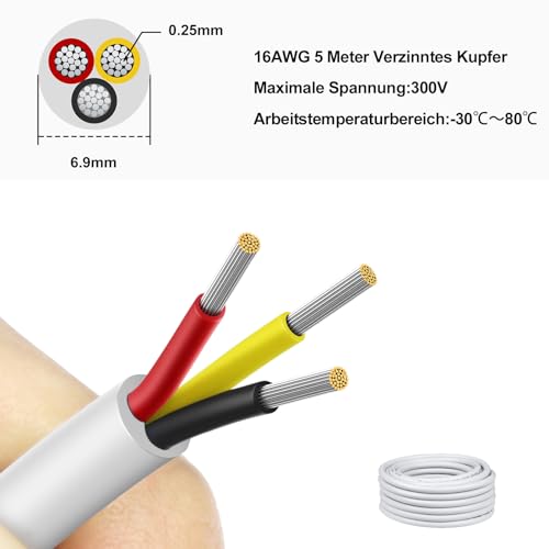 5 Metres 16AWG 3 x 1.5 mm² Electric Cable, 3 Core Cable 5V/12V/24V/300V White Tinned Copper Cable, Flexible and Soft, Low Impedance, High Temperature Resistance Extension Cable 5 metres 16AWG-3C (3 x 1.5 mm²)
