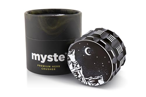 MYSTE Herb Grinder 63 mm Large with Improved Sharpest Teeth, 4 Pieces with Scraper, Magnetic Lid, Premium Spice Mill, Cruncher, Gift Packaging (MYSTE Grinder) Black