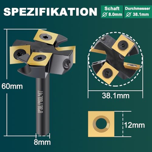 Face Milling Cutter 8mm Shank Groove Milling 38.1mm Cutting Diameter | Face Milling Cutter for Router CNC Wood Cutter with 4 TiN-coated Carbide Blades 12 x 12 mm 4Z S=8mm D=38.1mm L=60mm
