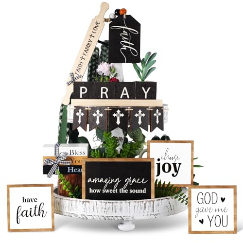 Tatuo 13 Pcs Easter Tiered Tray Decor Set Religious Wooden Table Decor