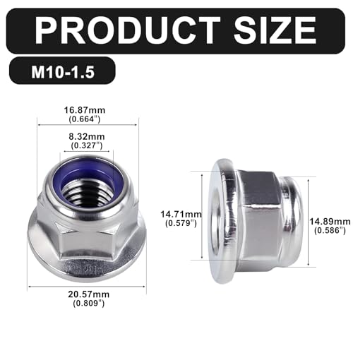 Ranstac M10-1.5 hex flange nylon insert lock nuts, 25-piece pack, silver finish