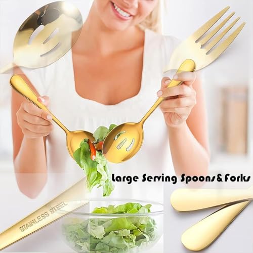 11PCS Stainless Steel Serving Utensils Set Large Slotted Spoons Food Tongs Serving Spoons Forks Multi-Purpose Gold Flatware for Buffet Dinner Party Catering Kitchen Entertaining (Gold)