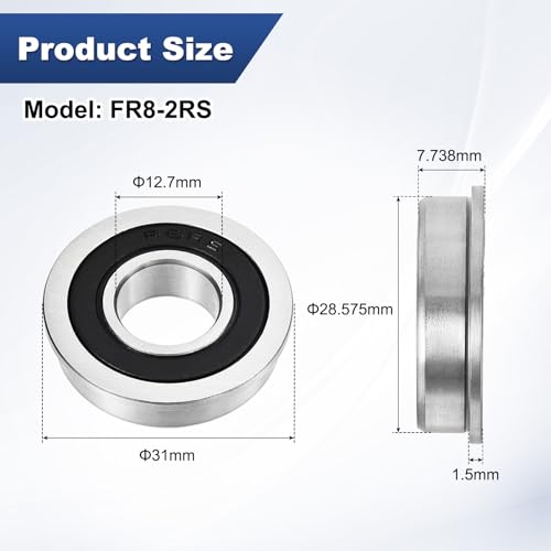 M METERXITY 10-Pack FR8-2RS Flanged Ball Bearing, 1/2" x 1-1/8" x 5/16" Double Rubber Shielded Chrome Steel (GCr15) Flange Rip Bearings for Wheelbarrow/Printer/Fax Machines/Power Tools 1/2" x 1-1/8" x 5/16"
