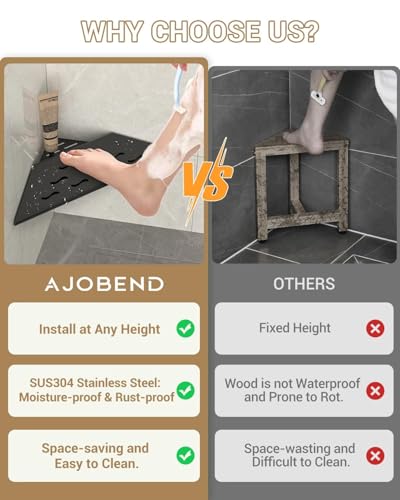 10” Shower Foot Rest for Shaving Legs, 304 Stainless Steel Corner Shower Step with Shaving Holder, Non-Slip Recessed Wall Mounted Bathroom Foot Ledge, Black