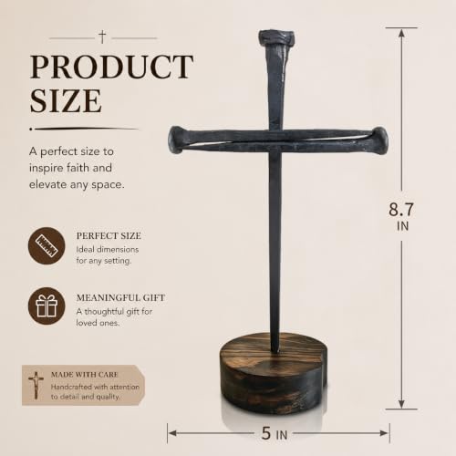 Handmade Iron Cross Decor, 3 Nails Crucifix Cross Statue, Christian Religious Gifts for Men Women, Jesus Cross Tabletop Display, Baptism Gift for Pastor Church Office Home Decoration