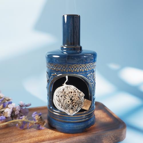 MOUGIGI Bird & Flower Ceramic Palo Santo Chiminea,Sage&Cone Incense Burner Flower and Bird Palo Santo Holder-blue