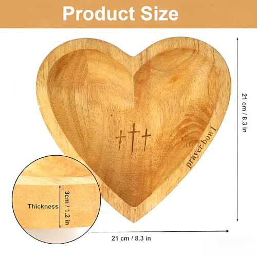 8 Inch Wooden Heart Prayer Bowl with 12 Cards, Rustic Cross Carved Decor
